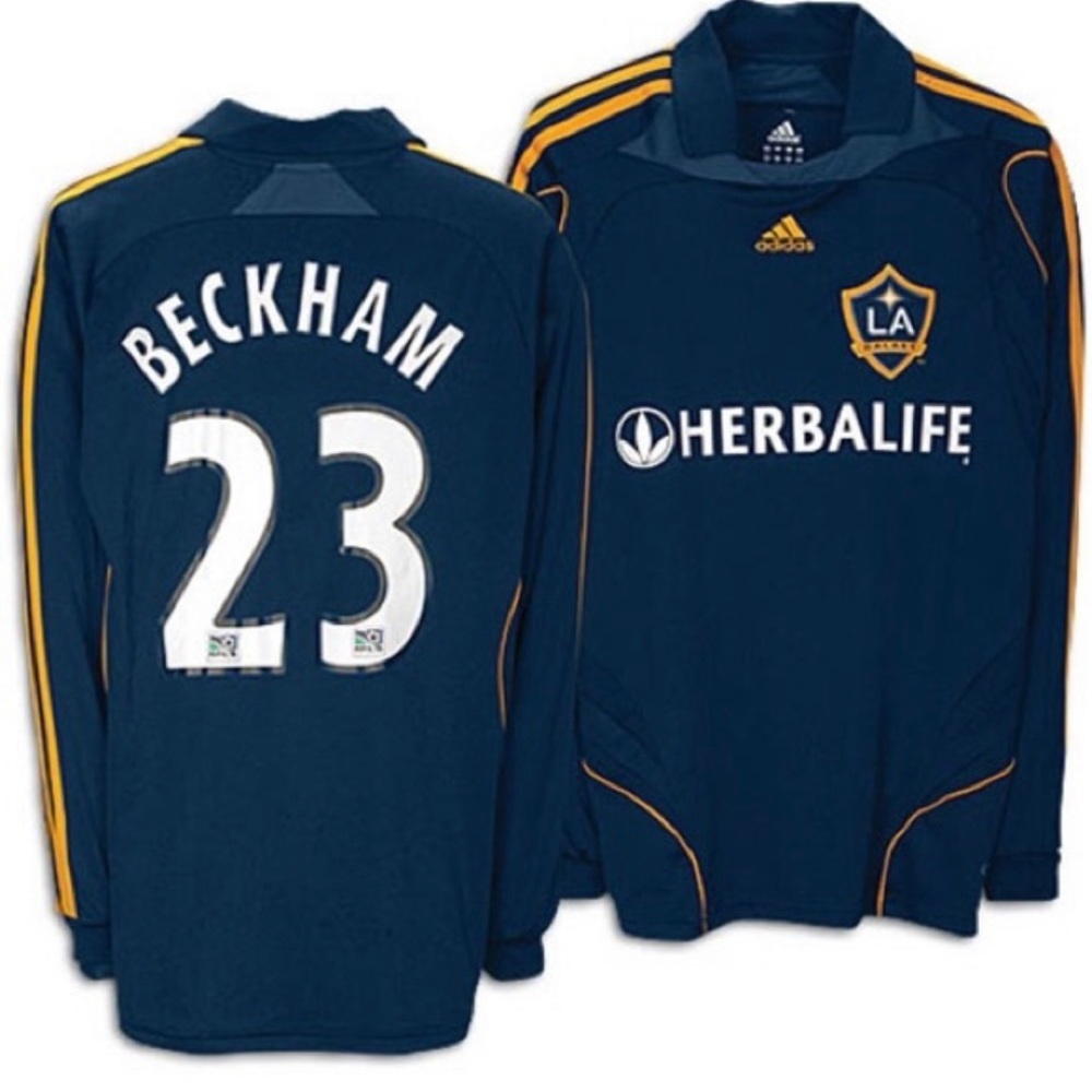 Adidas LA Galaxy #23 Beckham Herbalife soccer jersey l navy yellow stripes large